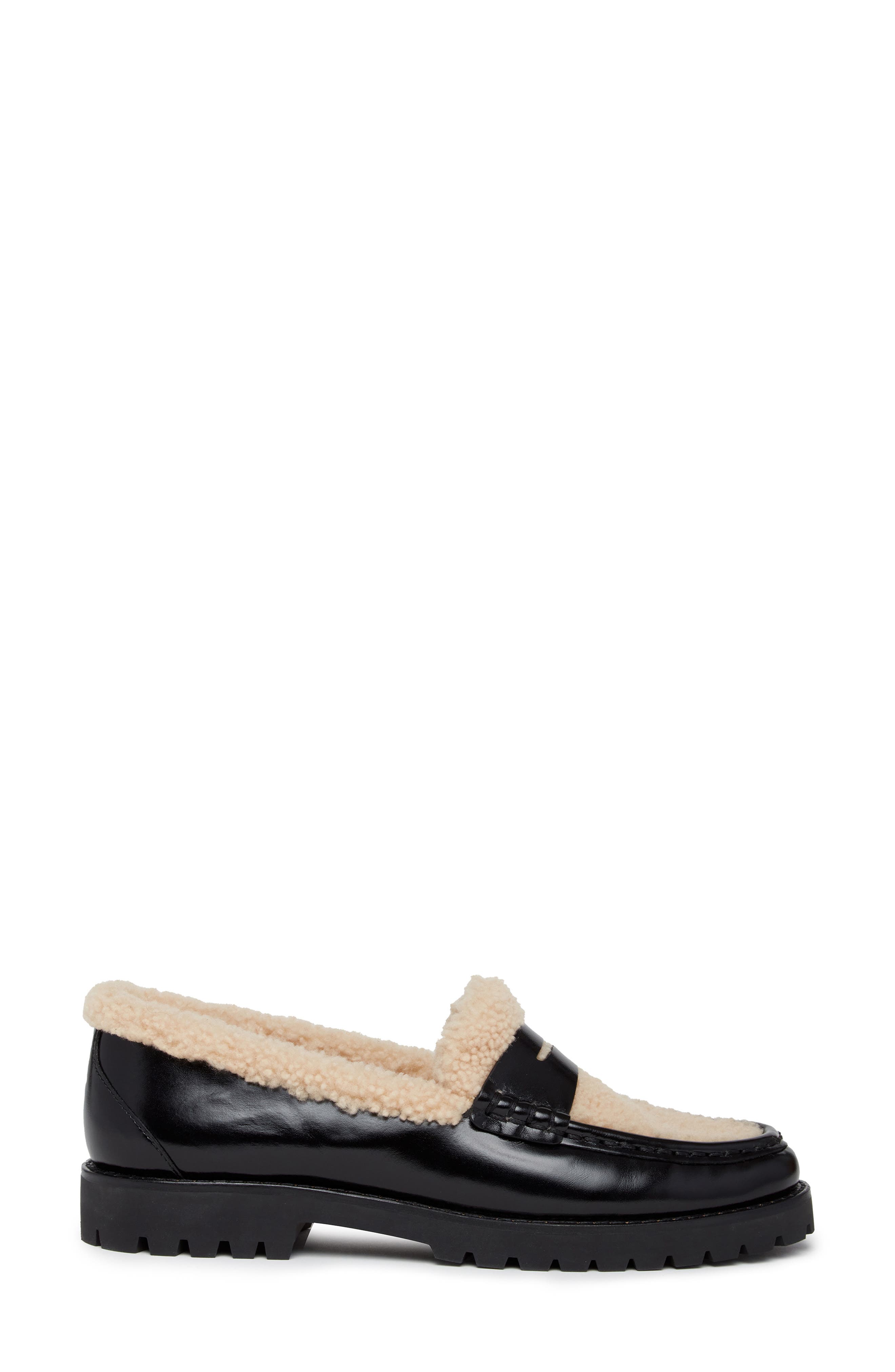 PAIGE Eliis Genuine Shearling Penny Loafer, Alternate, color, Black