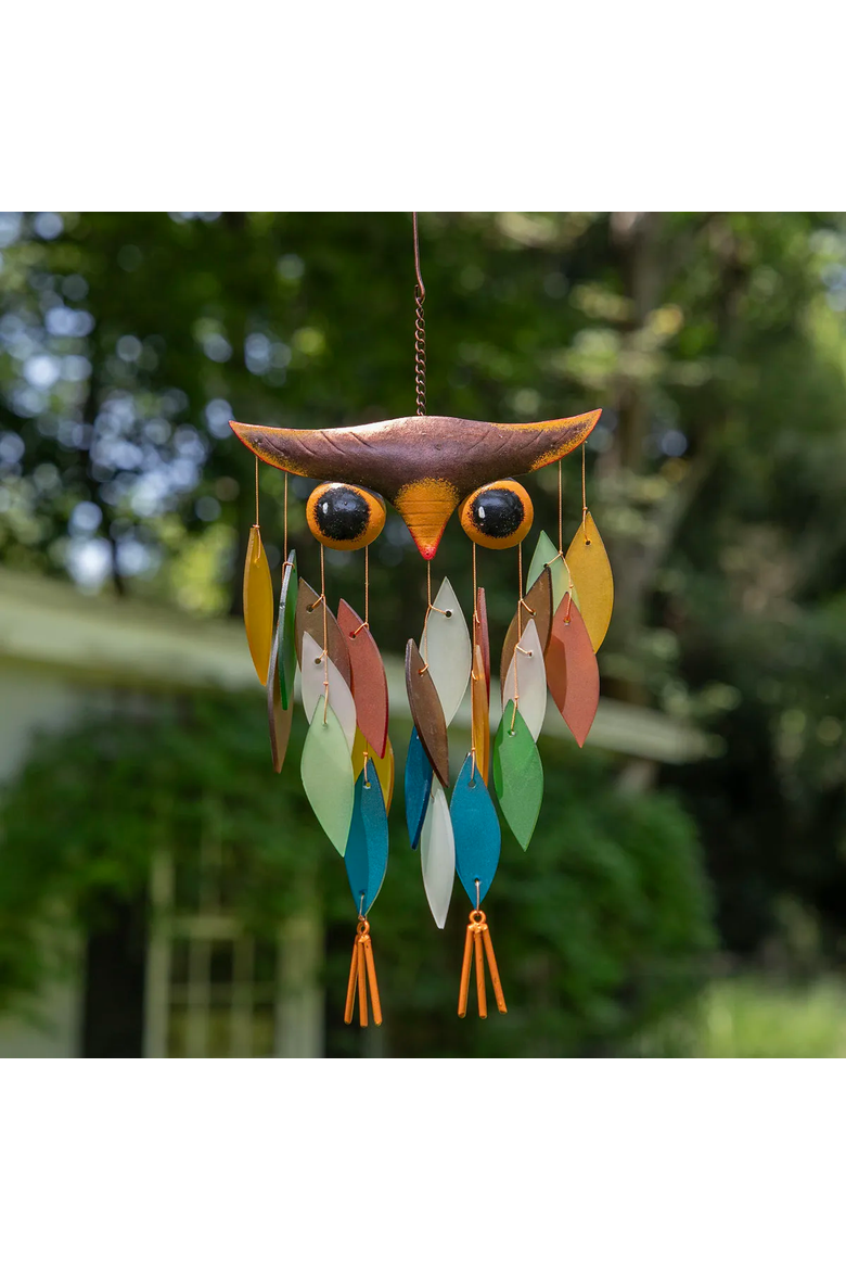Owl Wind Chime, Main, color, Multicolored Glass Feathers