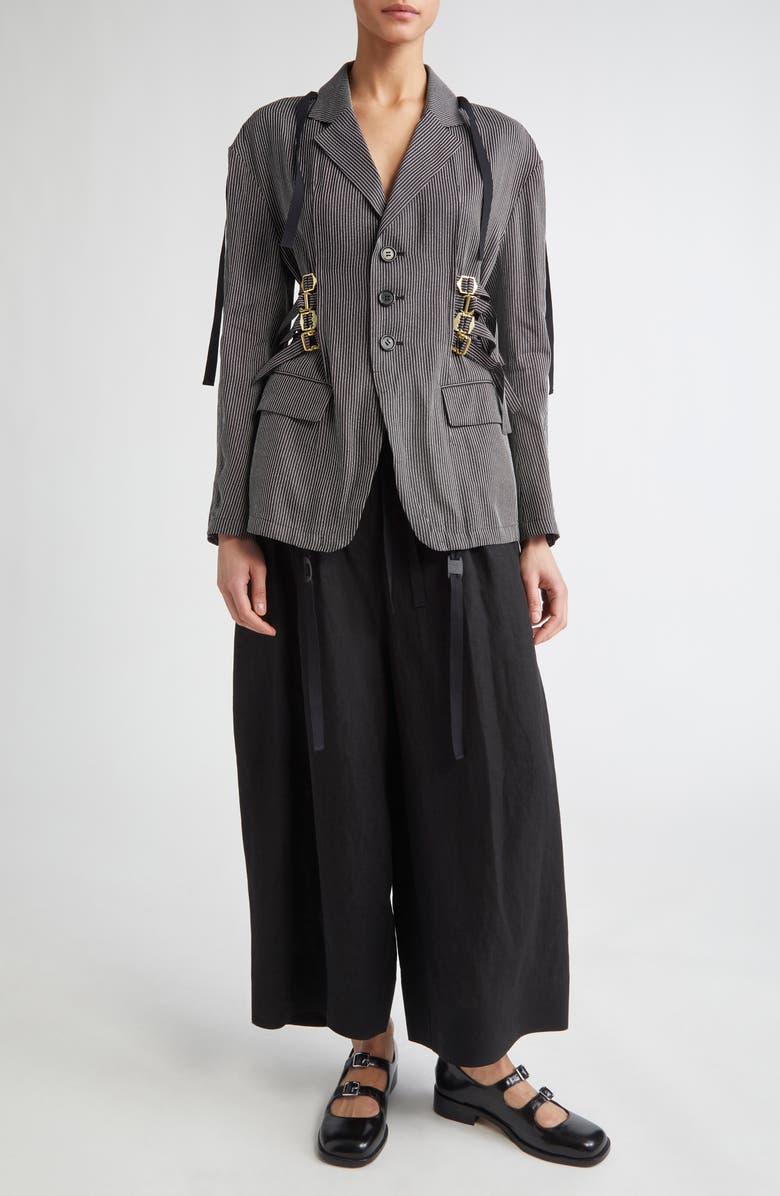 Undercover Buckled Strap Pinstripe Single Breasted Silk & Paper Blazer, Alternate, color,