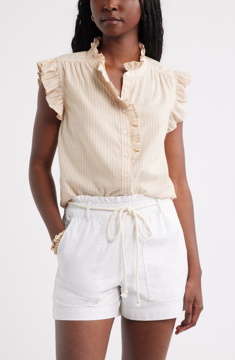Caslon<sup>®</sup> Ruffle Sleeve Cotton Blend Top, Main, color, Tan-White Penny Stripe