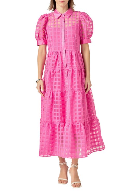 Grid Pattern Tiered Midi Shirtdress