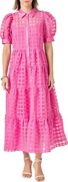 English Factory Grid Pattern Tiered Midi Shirtdress