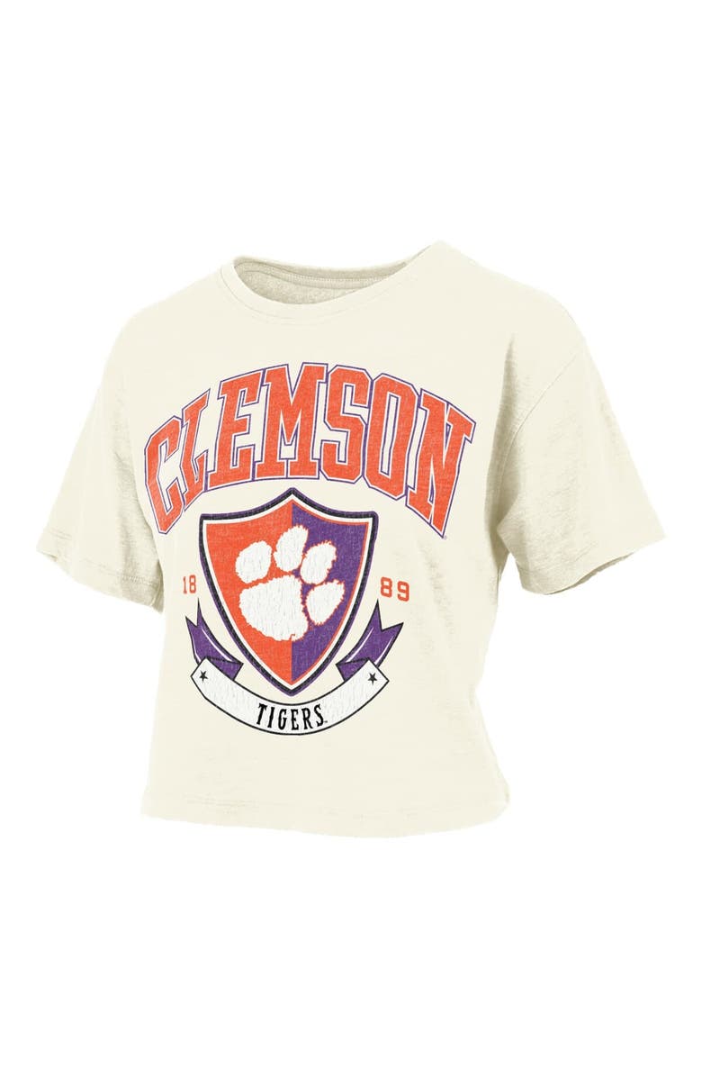 PRESSBOX Women's Pressbox Cream Clemson Tigers Buckler Vintage Cropped T-Shirt, Alternate, color, Cream