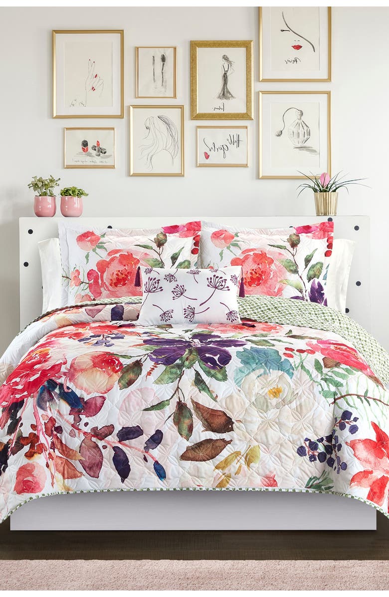 CHIC Ovilos Watercolor Floral Print With Geometric Leaf Pattern On The Reverse King, Quilt Set, Multi Color, 4-Piece, Alternate, color, 