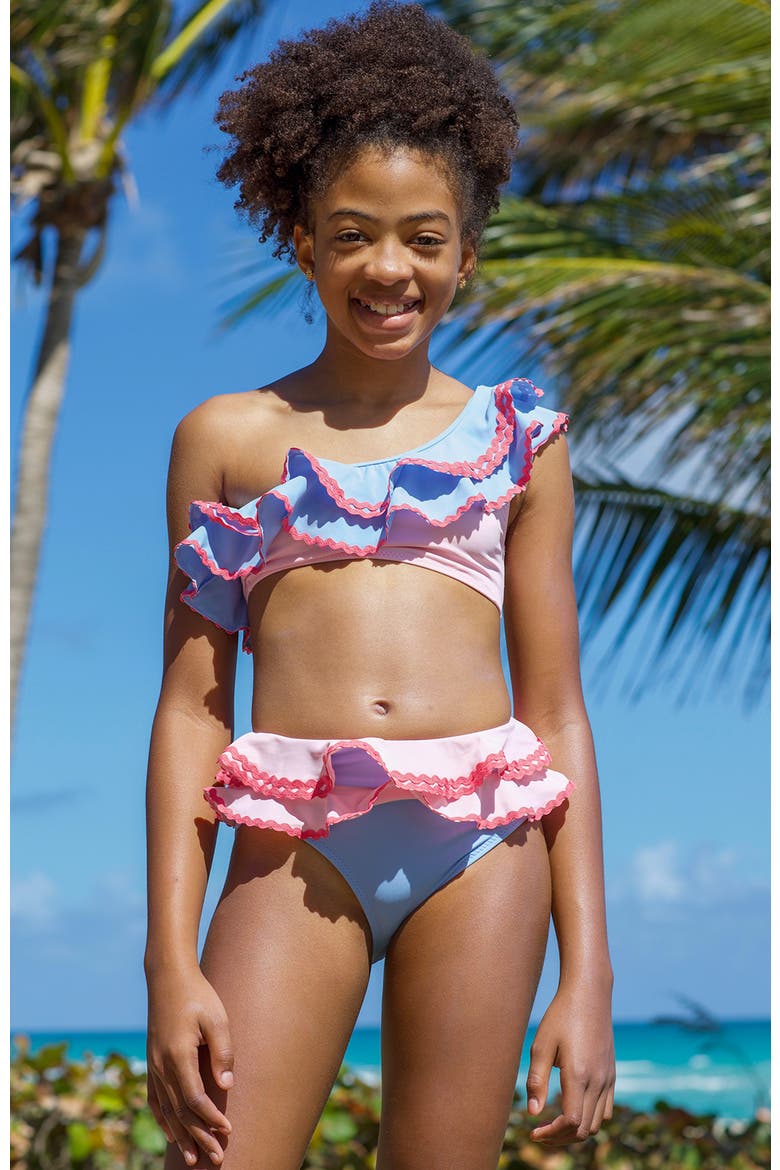 One-Shoulder Multi-Ruffle with Ric-Rac Detail Two-Piece Bikini, Alternate, color, Multicolor
