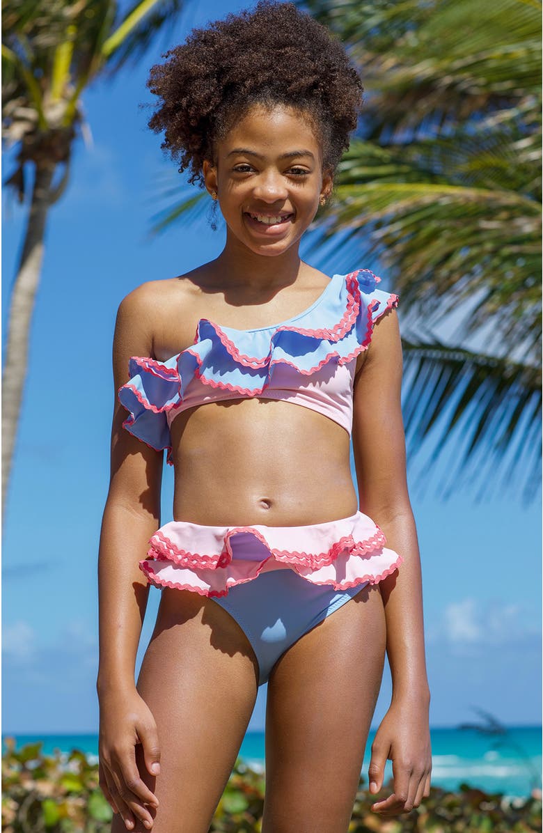 NESSI BYRD One-Shoulder Multi-Ruffle with Ric-Rac Detail Two-Piece Bikini, Alternate, color, Multicolor