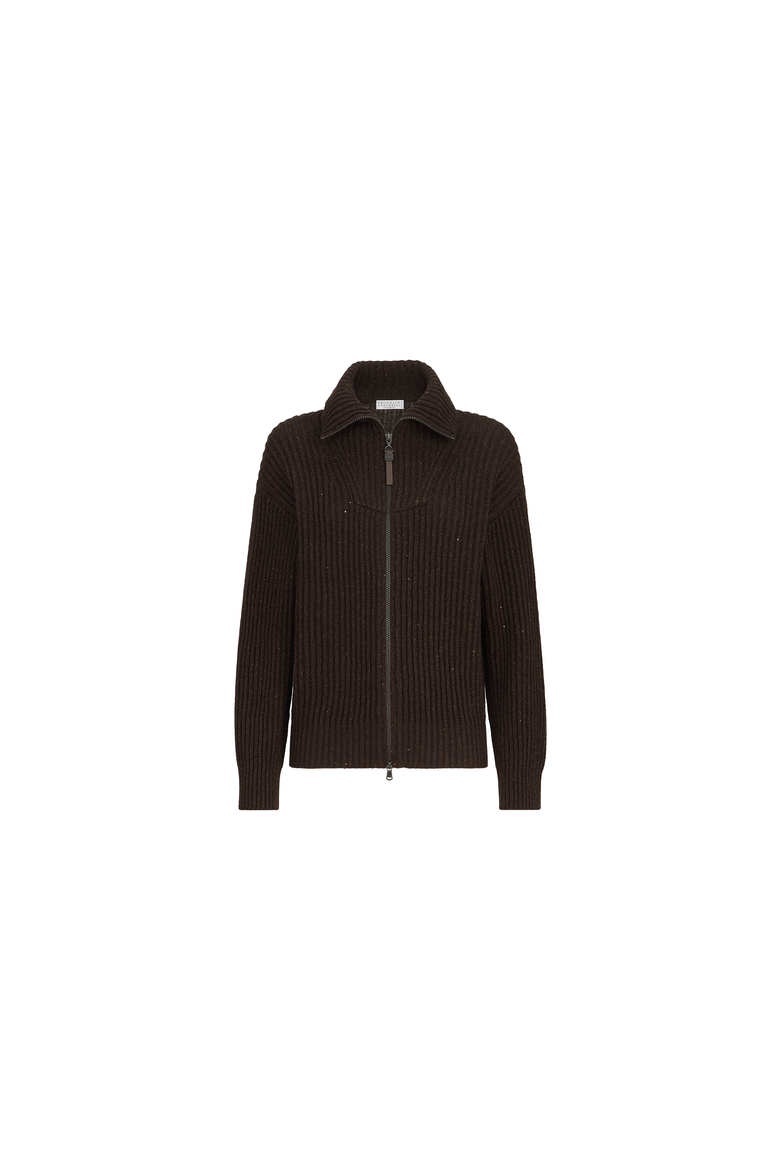 Sparkling & Dazzling cashmere and wool ribbed cardigan with shiny zipper pull, Alternate, color, Coffee