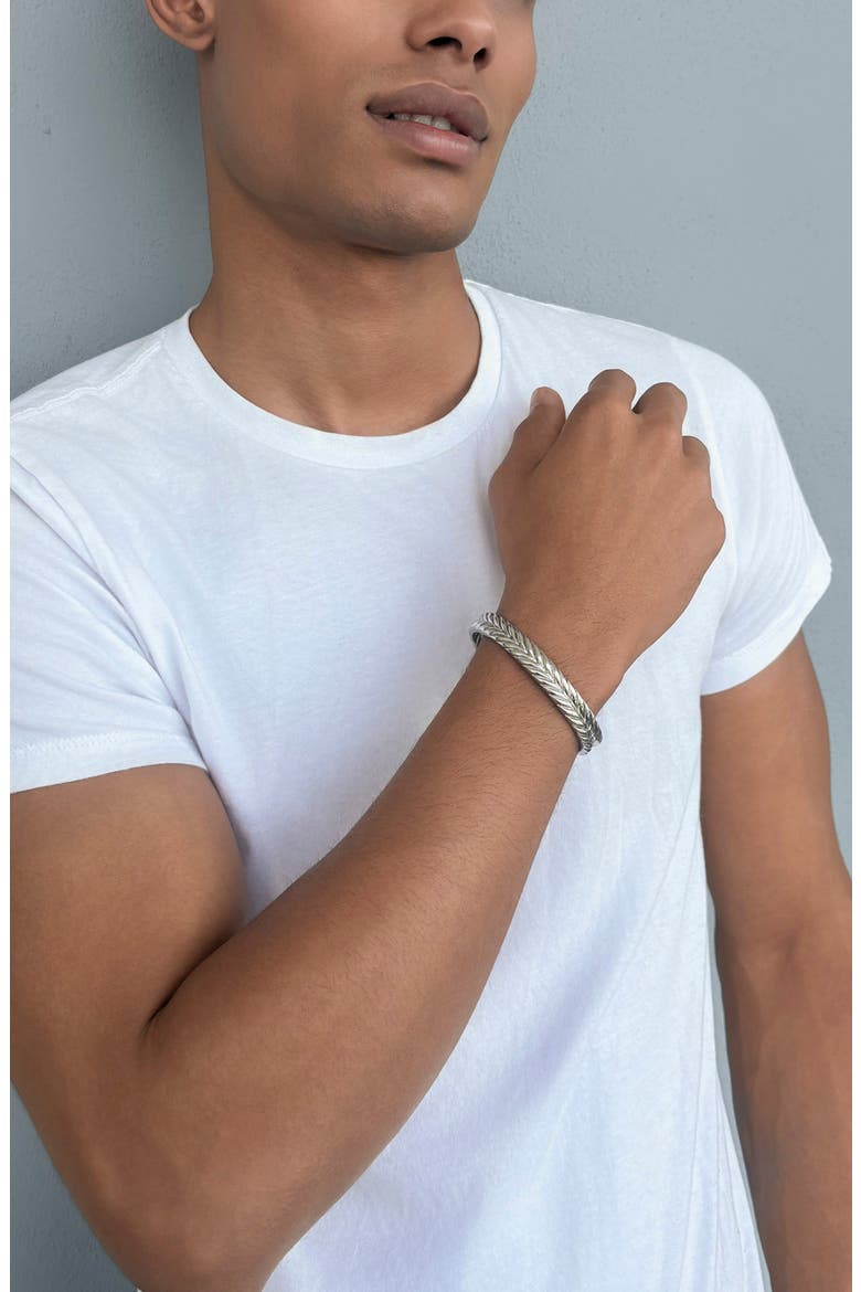 Men's Silver Plate Leaf Motif Cuff Bracelet, Alternate, color, SILVER