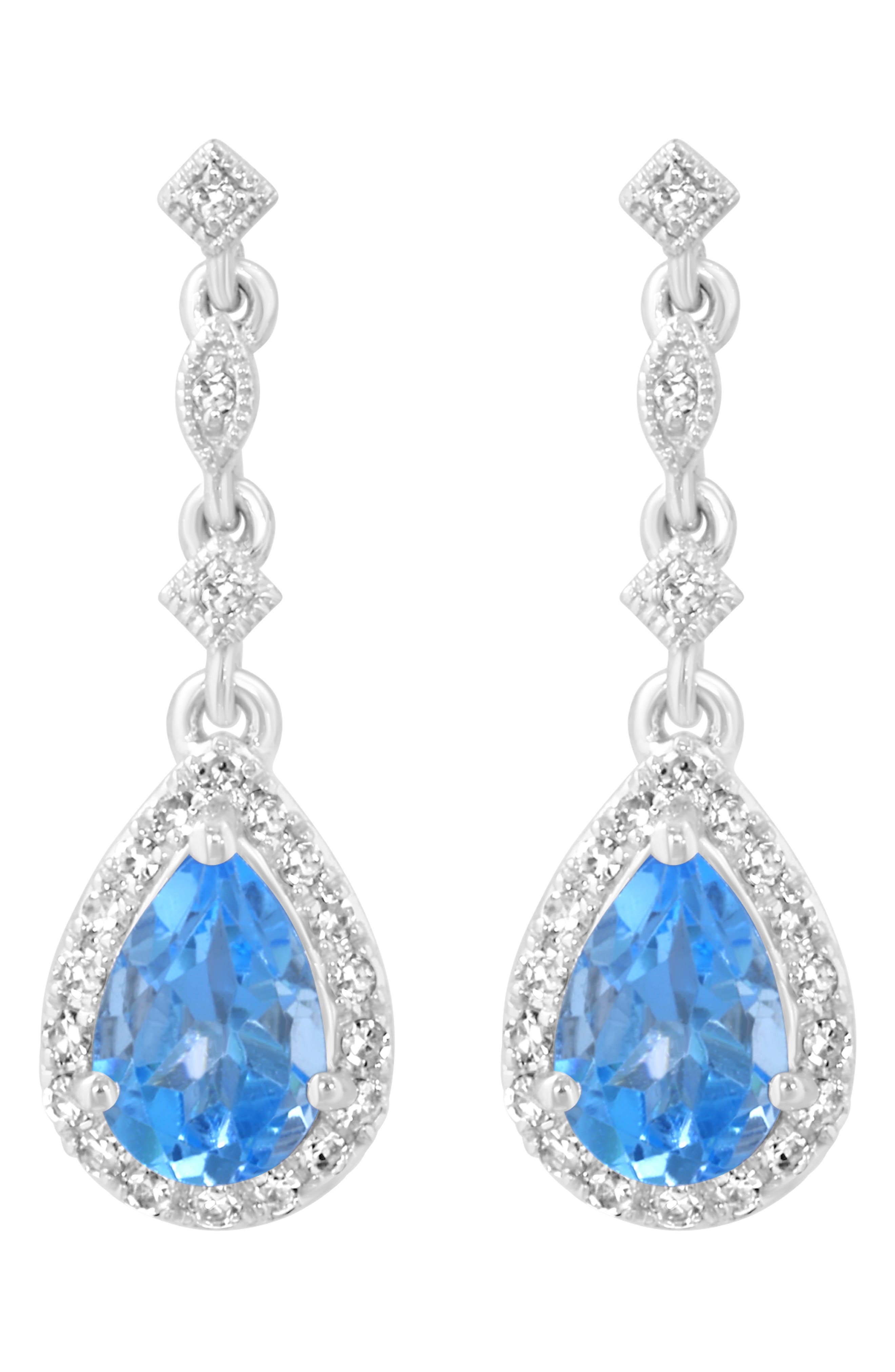 Sterling Silver Diamond & Blue Topaz Drop Earrings