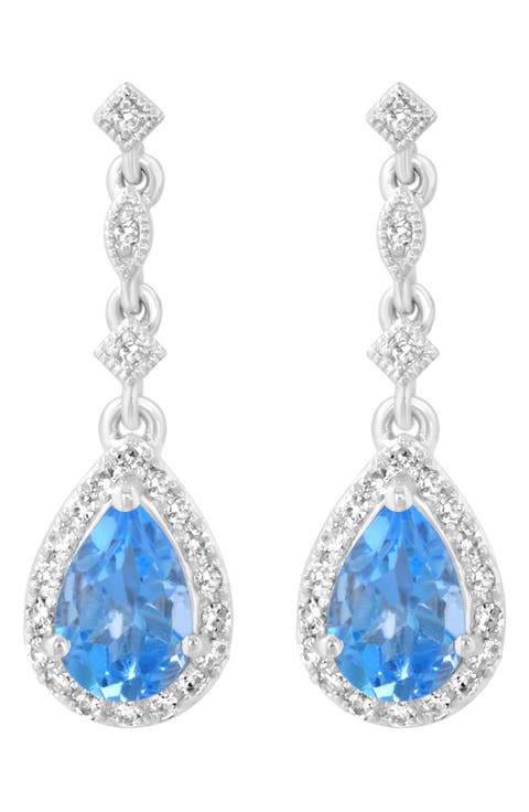 Sterling Silver Diamond & Blue Topaz Drop Earrings