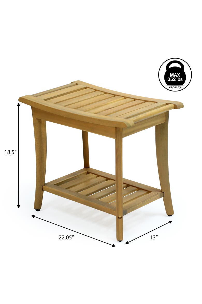 Tucker Modern Acacia Wood Shower Bench with Storage Shelf, Water-Resistant 2-Tier Spa Bath Stool for Bathroom and Outdoor Use, Alternate, color, Light Teak