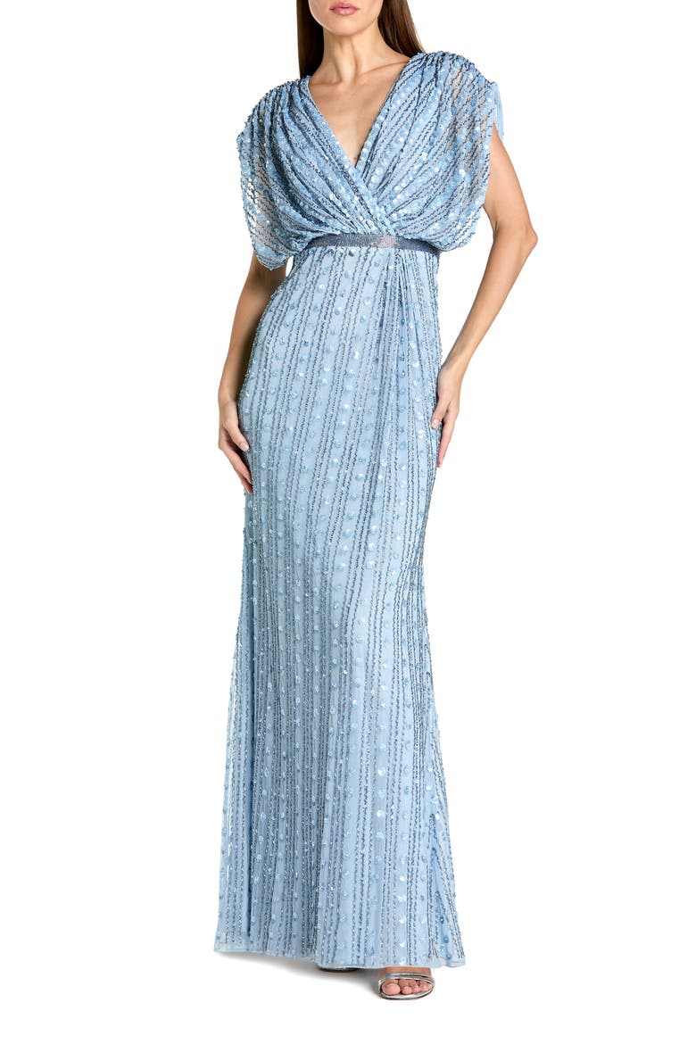 Beaded Mesh Blouson V Neck Column Gown, Main, color, Periwinkle