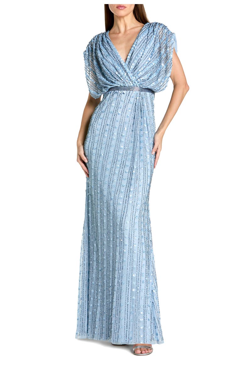 Mac Duggal Beaded Mesh Blouson V Neck Column Gown, Main, color, Periwinkle