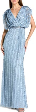 Mac Duggal Beaded Mesh Blouson V Neck Column Gown