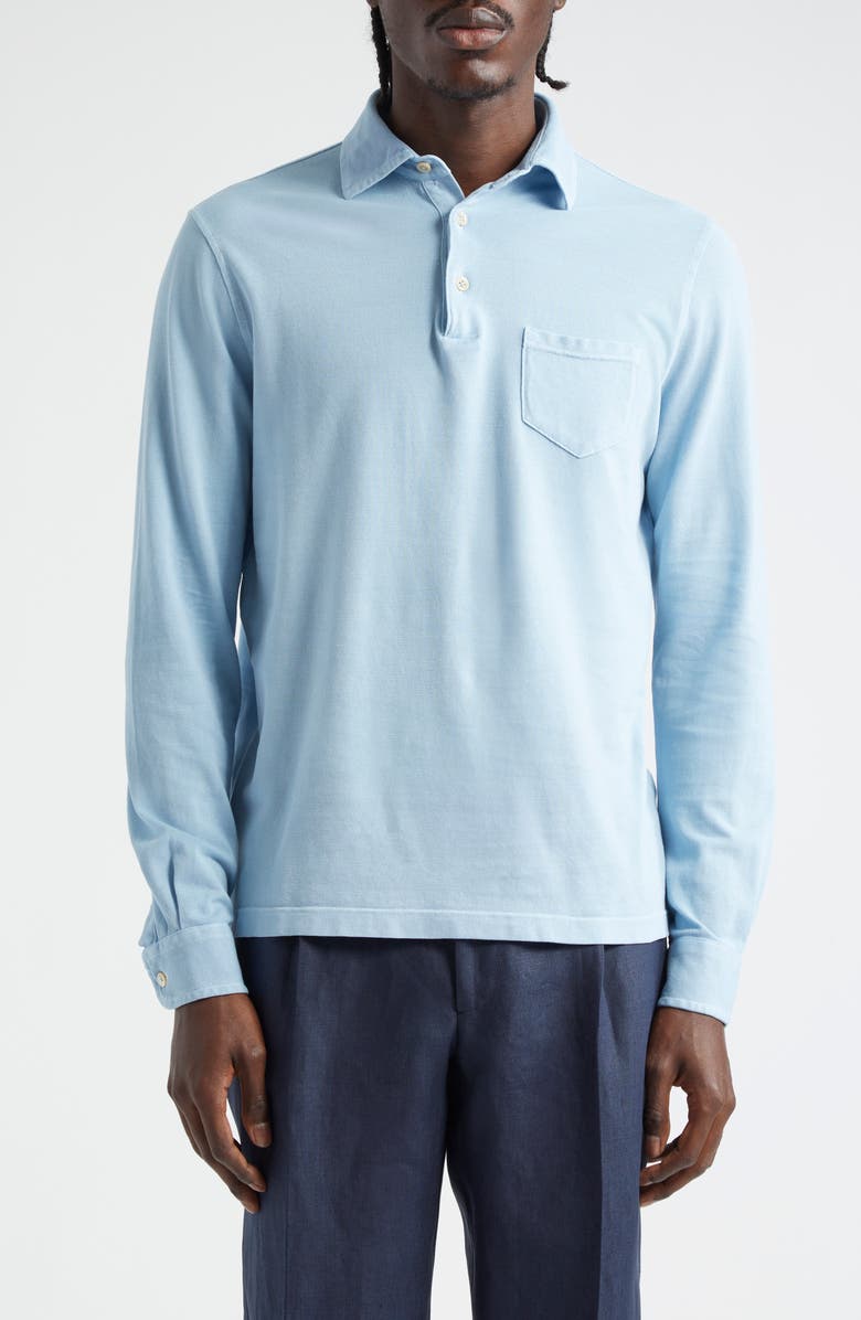 Thom Sweeney Long Sleeve Cotton Piqué Polo, Main, color, Light Blue