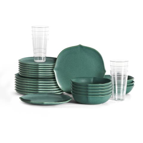 Baskerville Stoneware 32-Piece Dinnerware Set, Includes Glassware