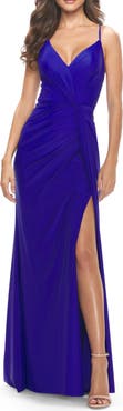 La Femme Soft Jersey Dress with Knot Waist and Lace Up Back