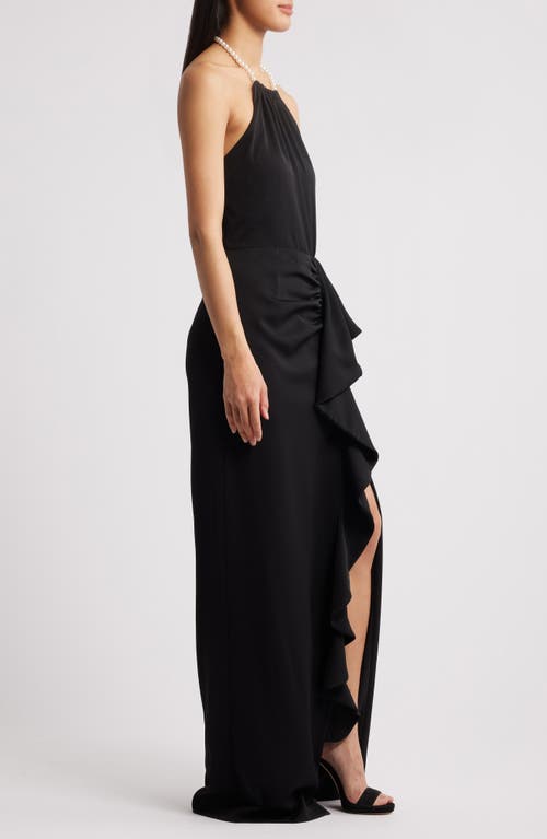 Black Halo Erwen Beaded-strap Ruffle Halter Gown In Black