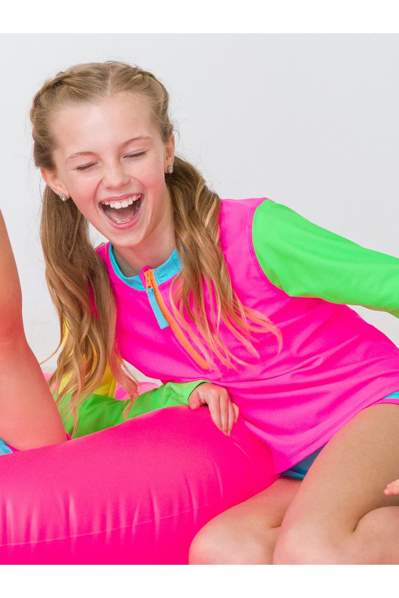 Long Sleeve Zipper Rash Guard 2-Piece Bikini Swimsuit, Alternate, color, Neon Color Block
