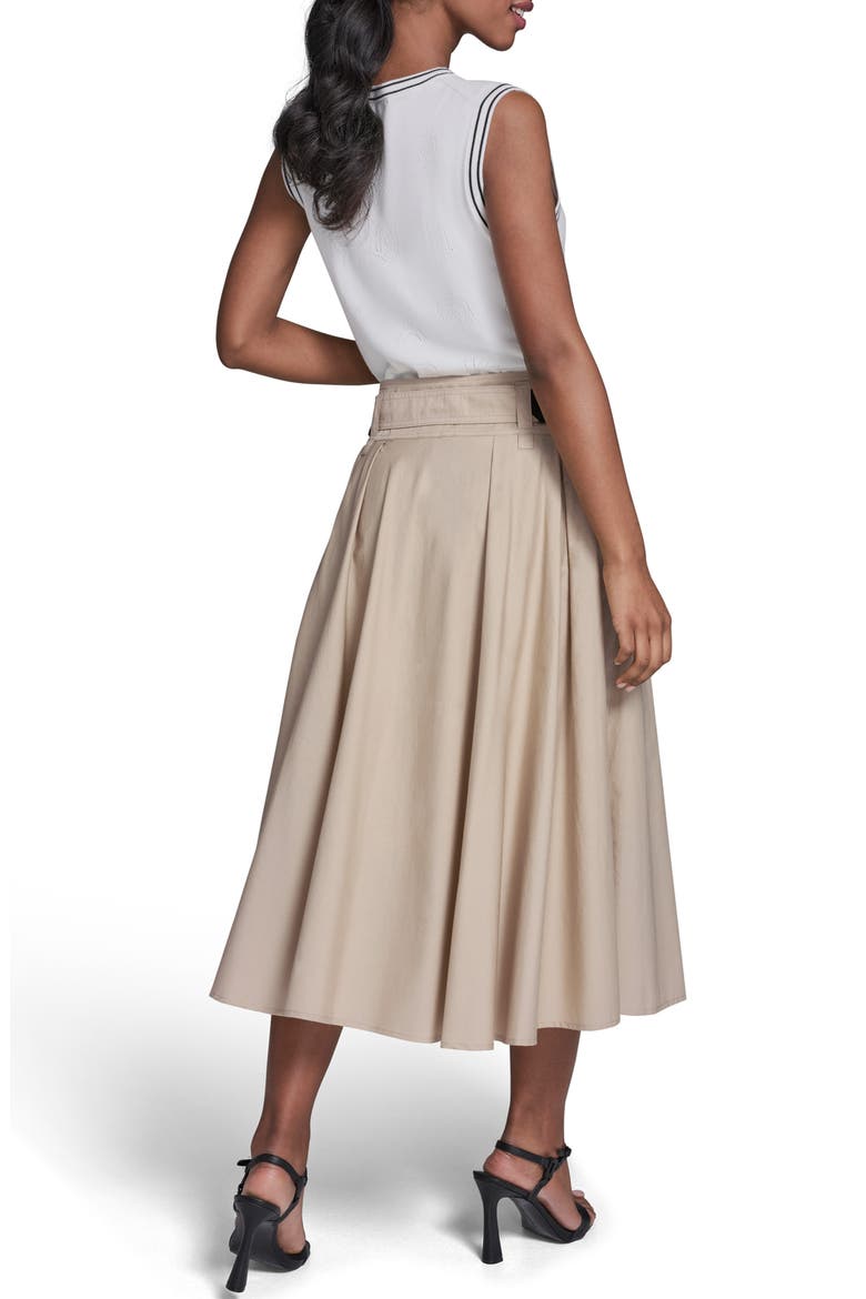 Belted Pleated Midi Cotton A-Line Skirt, Alternate, color, FRENCH BEIGE