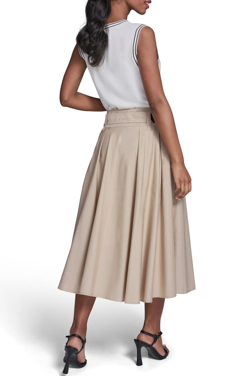 KARL LAGERFELD PARIS Belted Pleated Midi Cotton A-Line Skirt, Alternate, color, French Beige