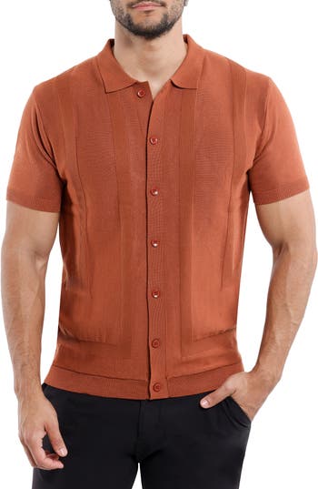 Spring + Mercer Textured Short Sleeve Button-up Sweater In Brick