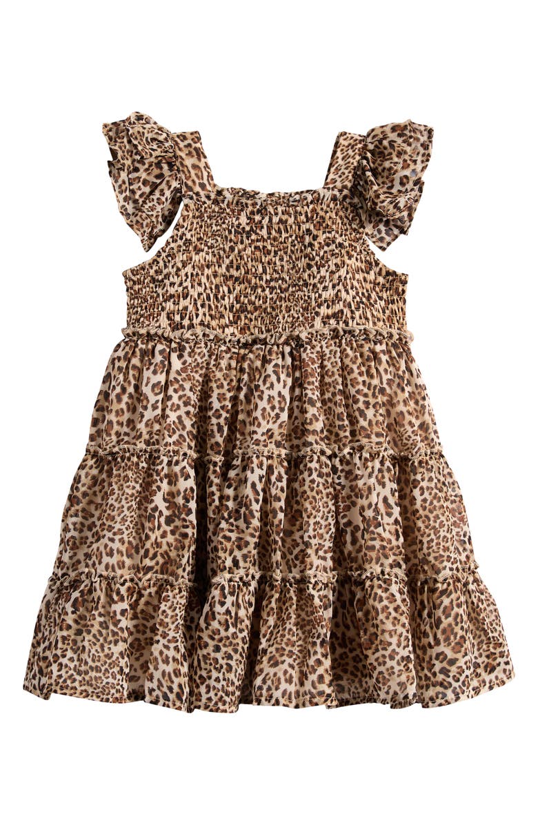 Iris & Ivy Flutter Sleeve Tiered Dress, Main, color, Brown