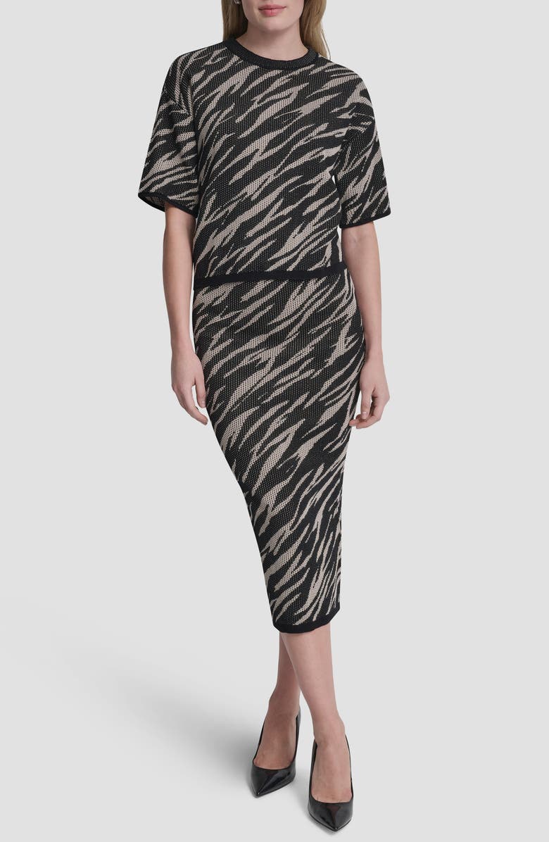 DKNY Animal Pattern Openwork Jacquard Short Sleeve Sweater, Alternate, color, Concrete Animal