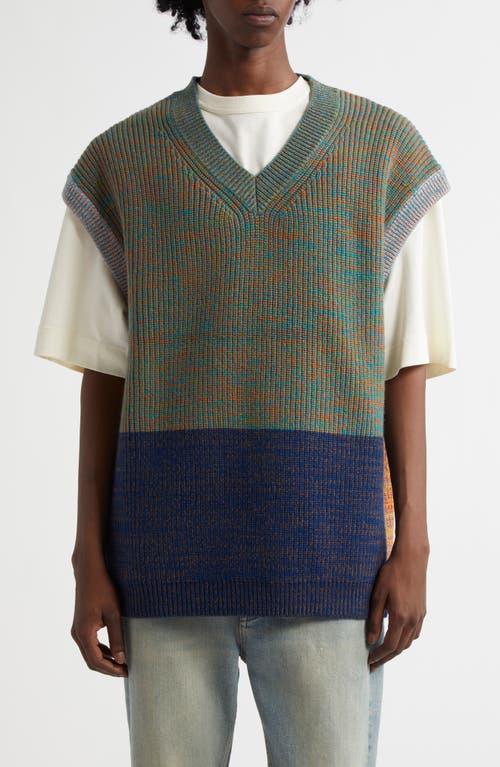 Waste Yarn Project Ida Wool Blend V-Neck Sweater Vest in Blue/Green Multi 