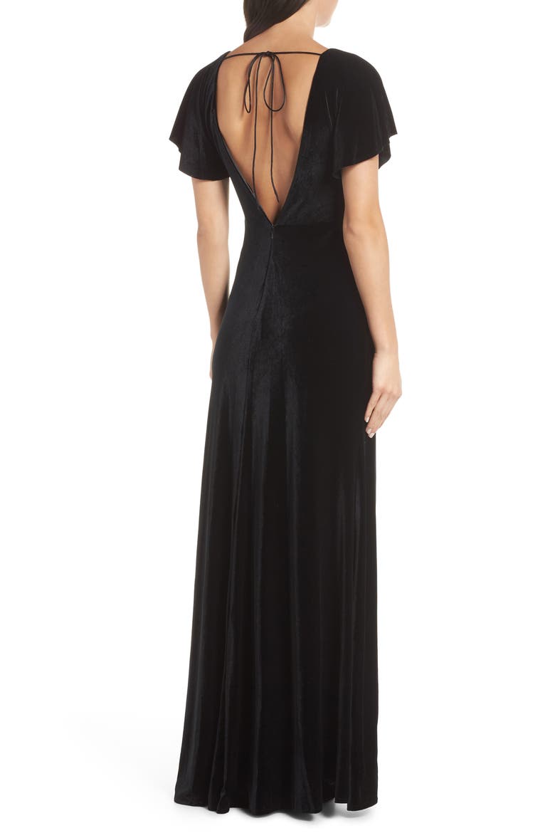 Ellis Flutter Sleeve Stretch Velvet Gown, Alternate, color, BLACK