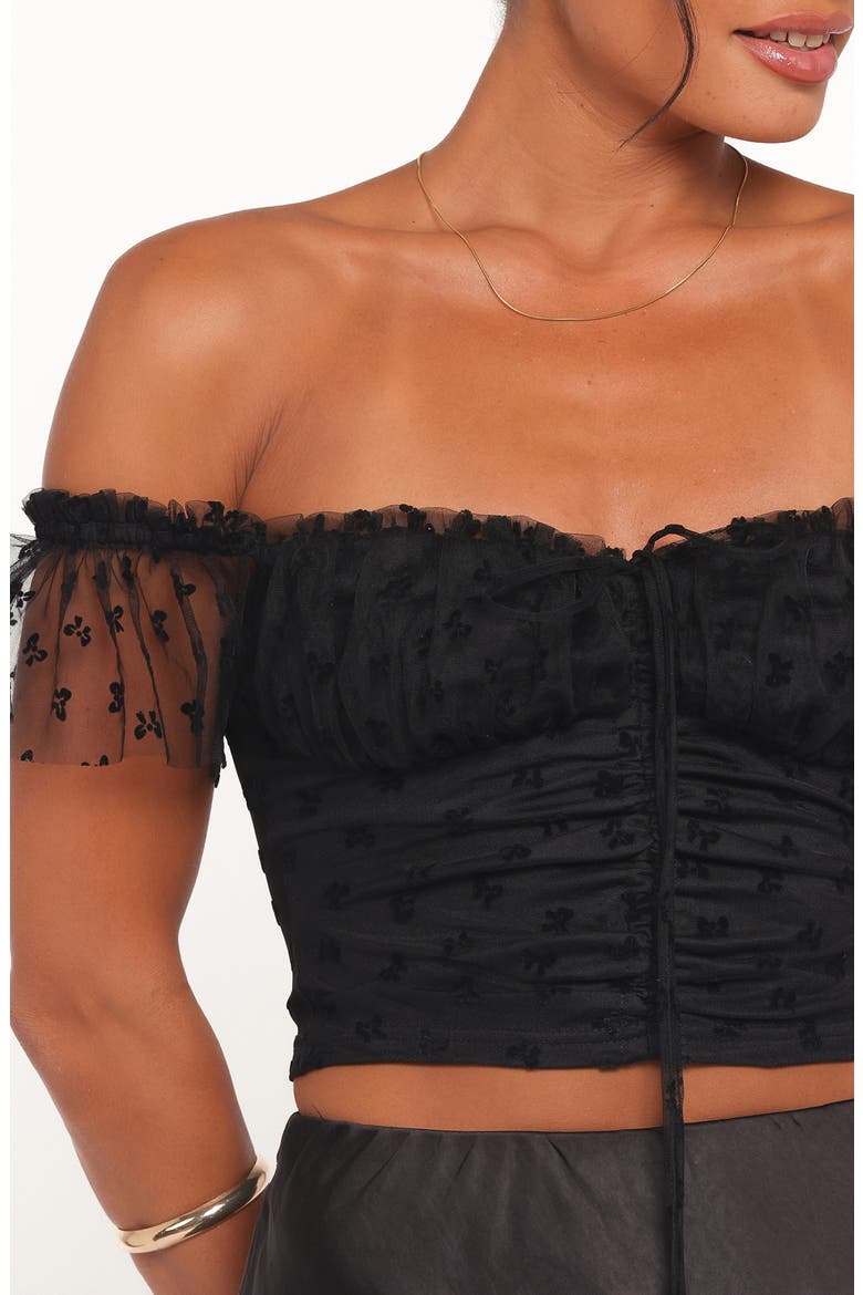 Aster Off the Shoulder Mesh Crop Top, Alternate, color, BLACK