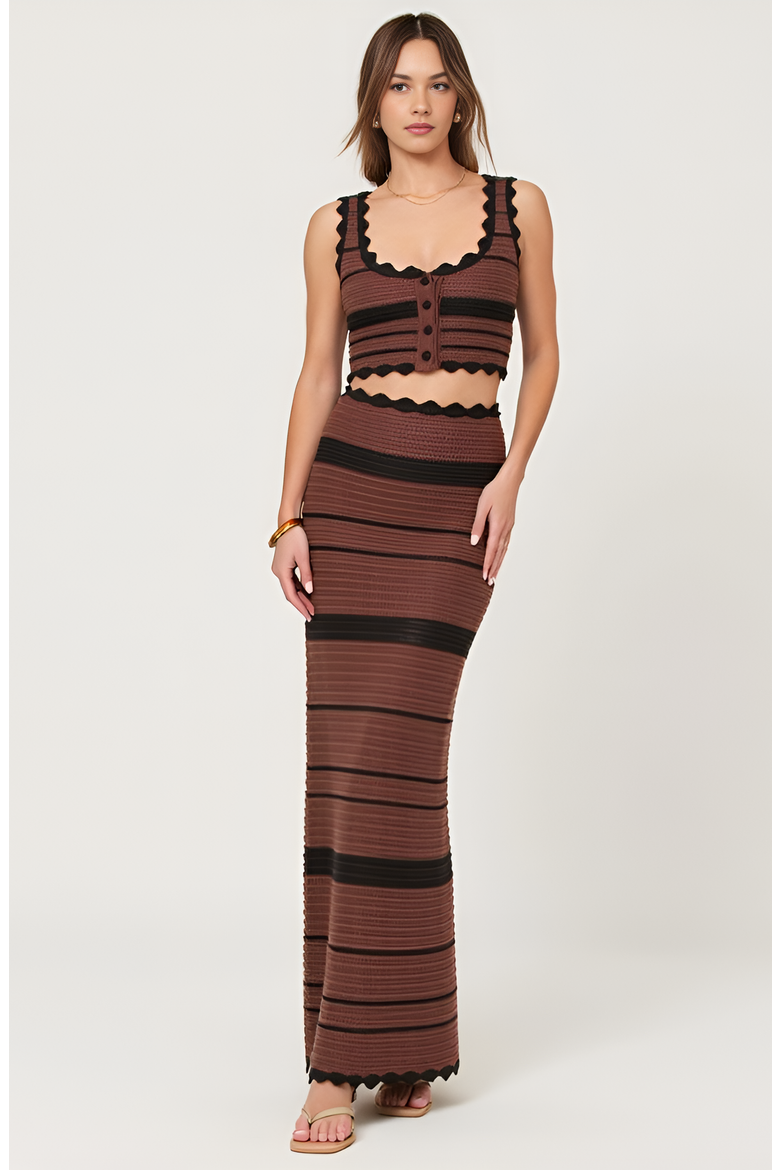Scallop Trim Crochet Crop Top and Maxi Skirt Set, Main, color, Brown / Black Striped