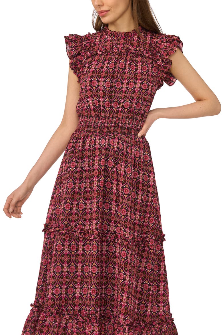 Paisley Flutter Sleeve Midi Dress, Alternate, color, RICH BLACK/ BURGUNDY