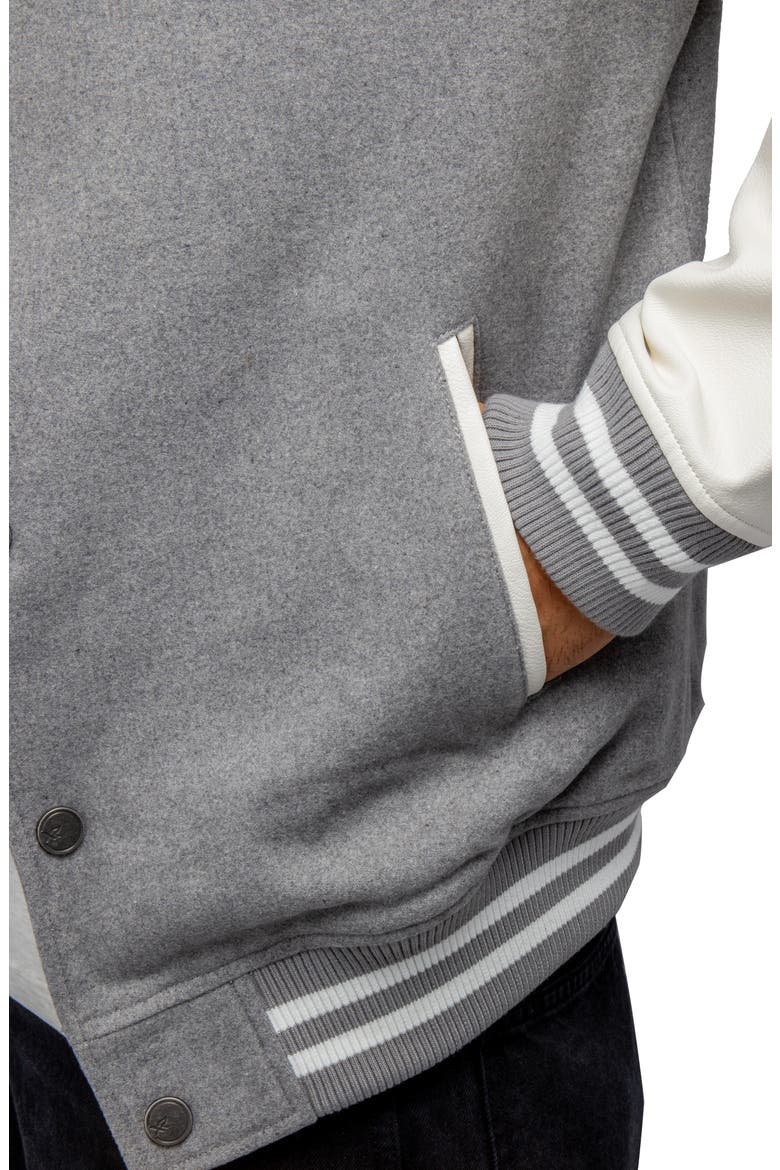 Mixed Media Faux Leather Bomber Jacket, Alternate, color, GREY/ WHITE