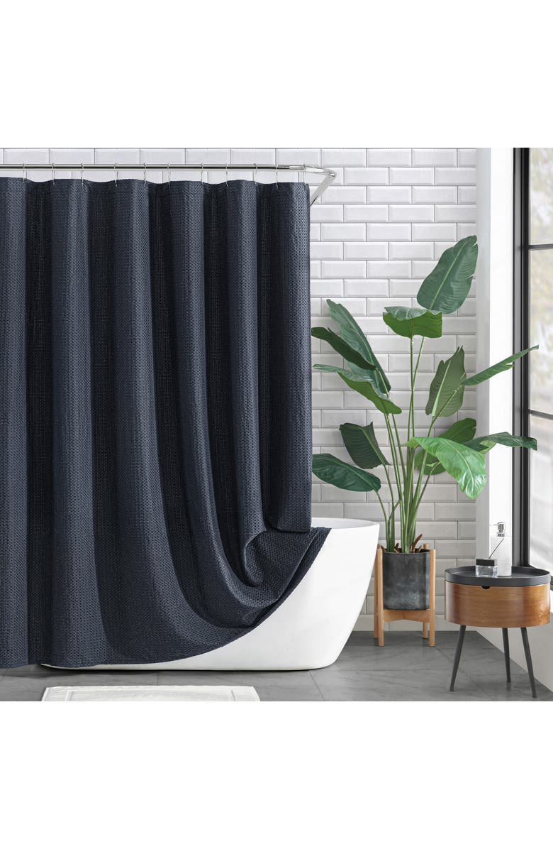 DKNY Modern Waffle Stitch Cotton Shower Curtain, Alternate, color, Black