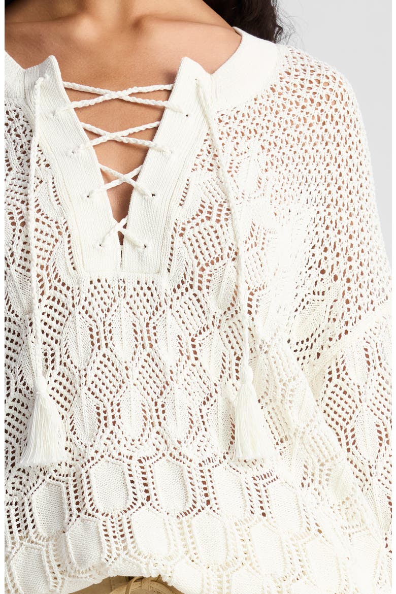 Keri Lace-Up Tassel Tie Sweater, Alternate, color, OFF WHITE