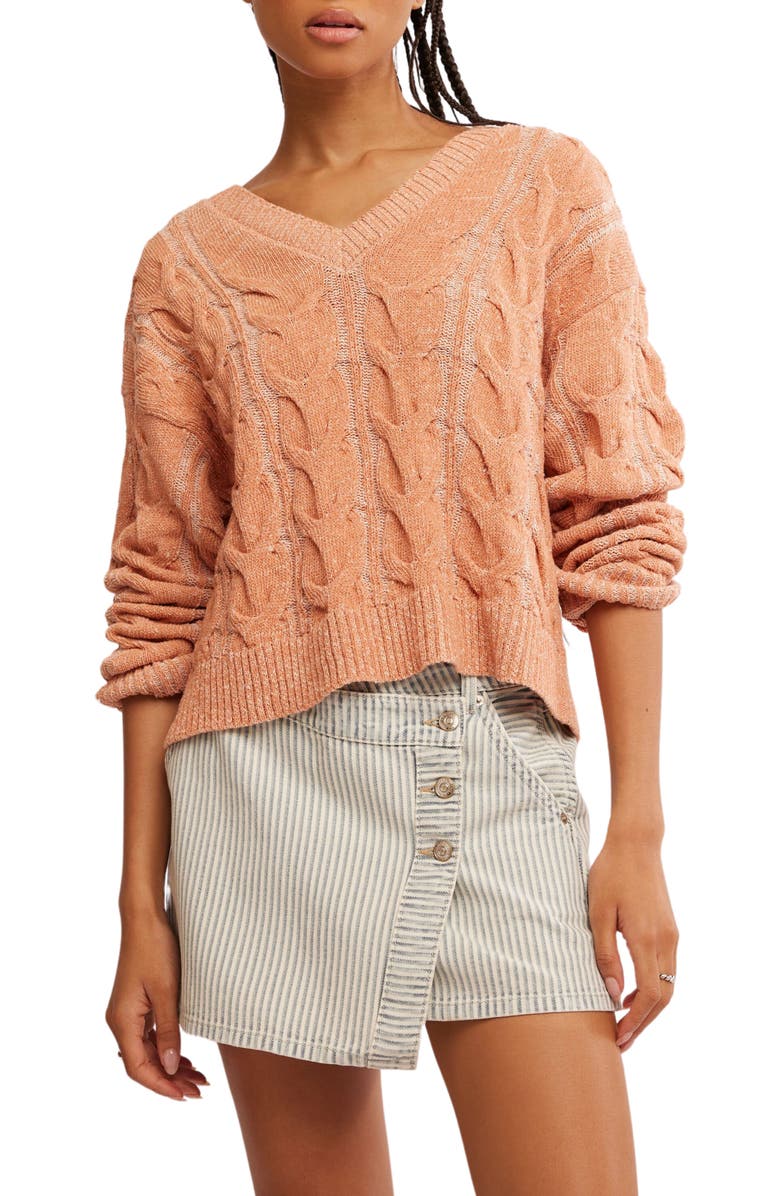 Free People Washed Cable Sweater, Main, color, Candied Melon