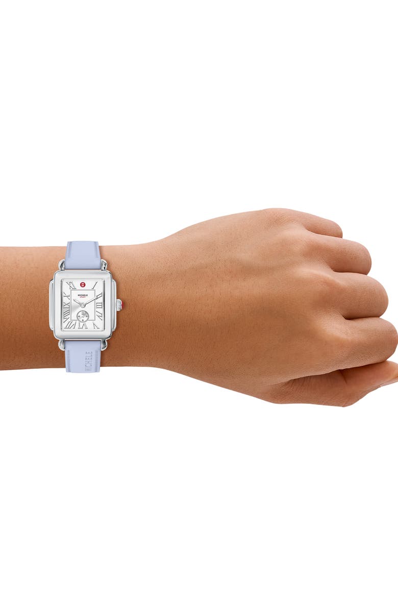 MICHELE Deco Sport Mid Silicone Strap Watch, 29mm x 31mm, Alternate, color, Blue / Silver
