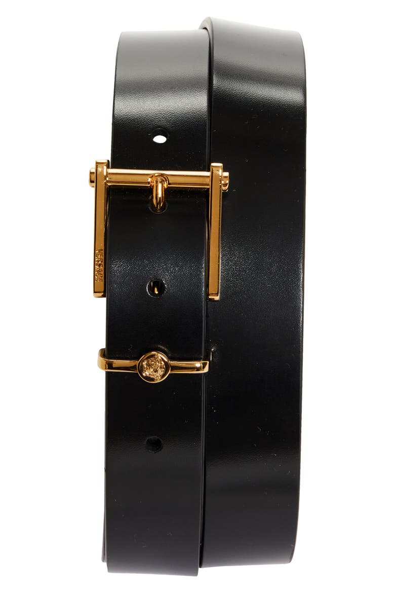 Column Leather Belt, Main, color, BLACK-VERSACE GOLD