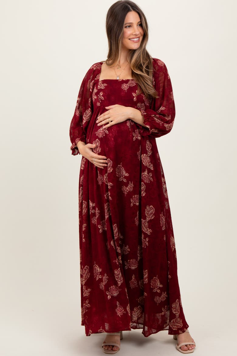 Multi Floral Textured Peasant Babydoll Maxi Dress, Alternate, color, Burgundy
