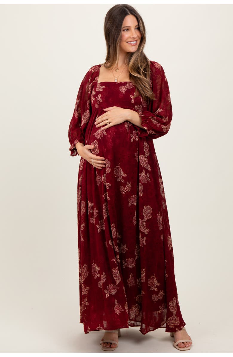 PinkBlush Multi Floral Textured Peasant Babydoll Maxi Dress, Alternate, color, Burgundy