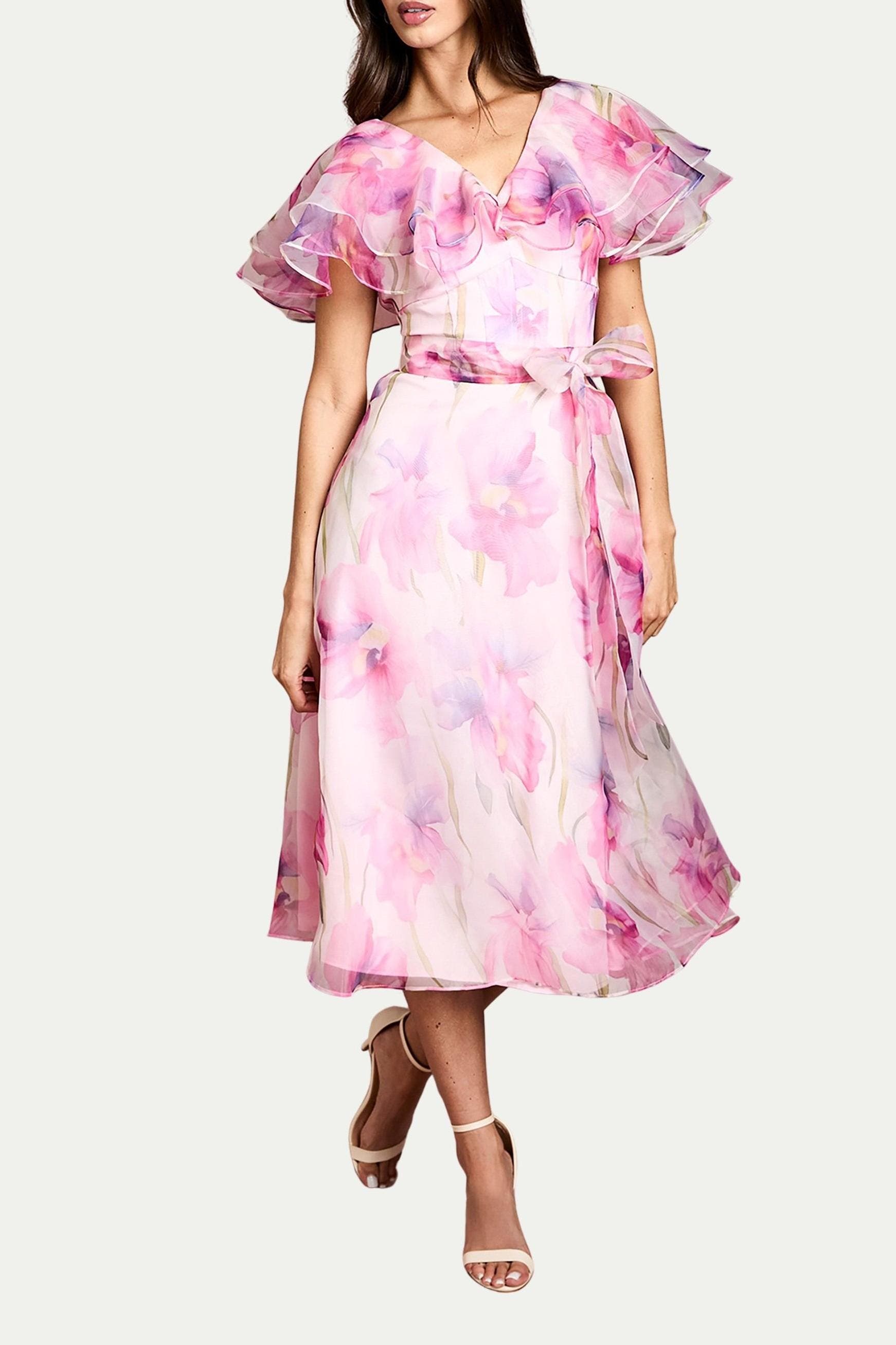 Printed Organza Ruffle Sleeve Midi Dress (Women) | Nordstrom