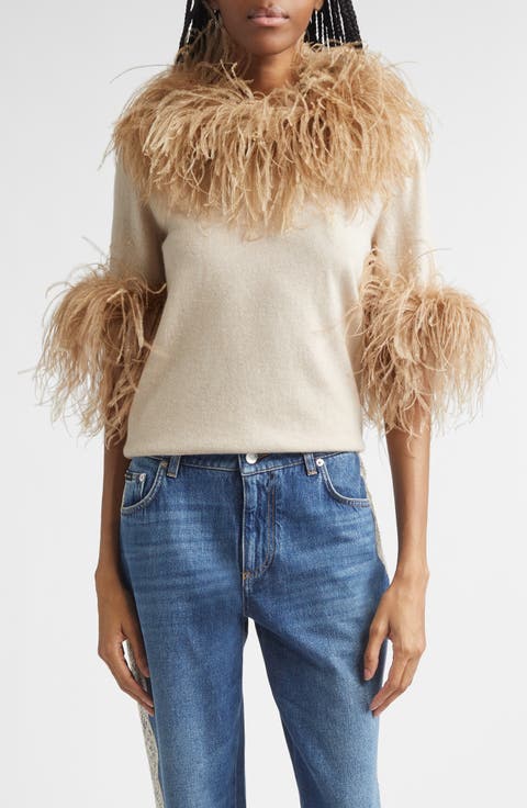 Feather Trim Short Sleeve Cashmere Sweater