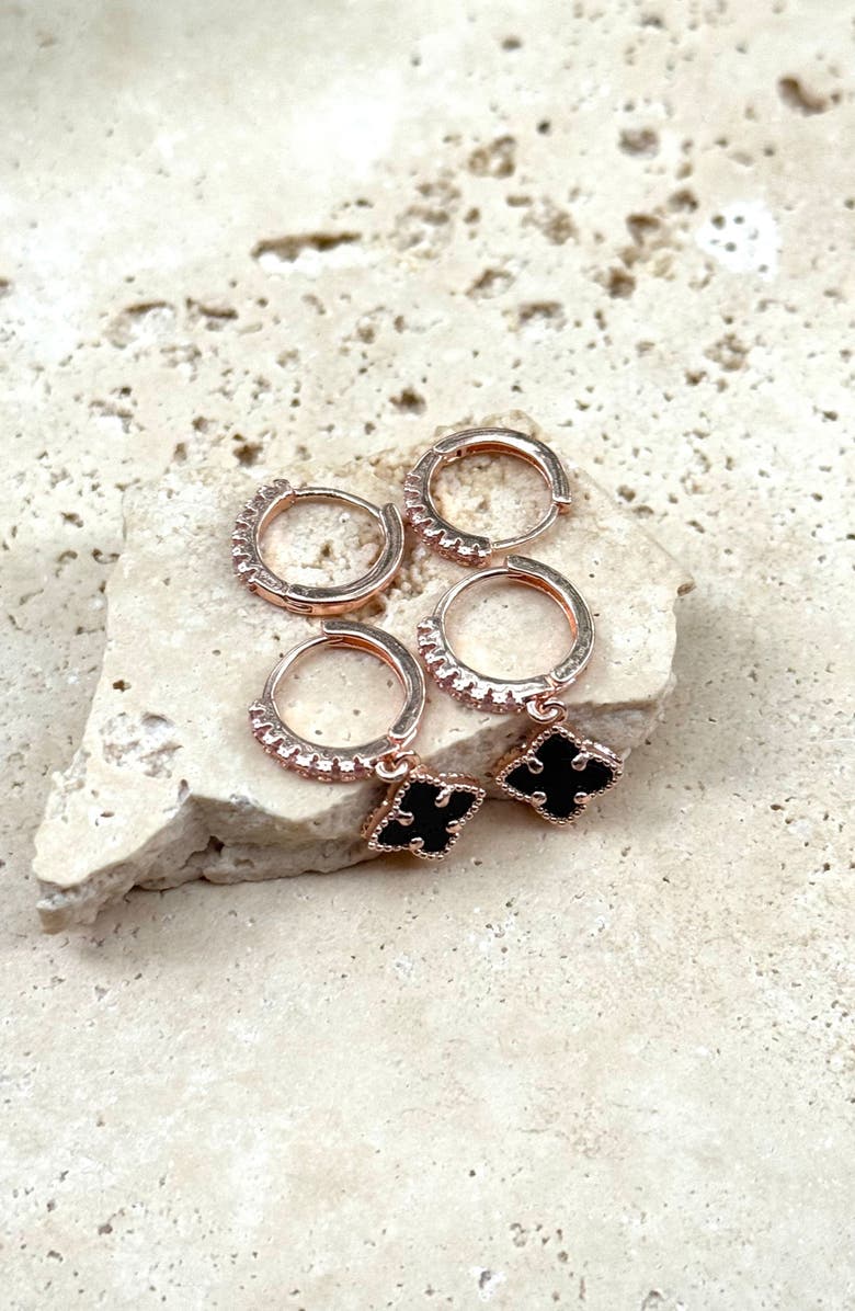 Adornia Set of 2 Cubic Zirconia Huggie Hoop & Clover Drop Earrings, Alternate, color, Black