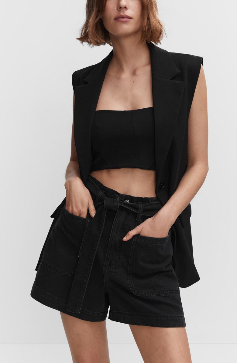 MANGO Belted Paperbag Waist Denim Shorts, Alternate, color, 