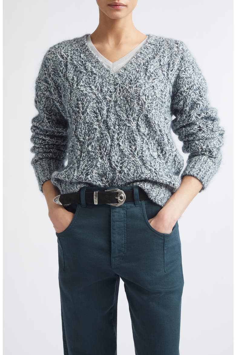 V-Neck Cable Knit Sweater, Main, color, 178 DARK JADE