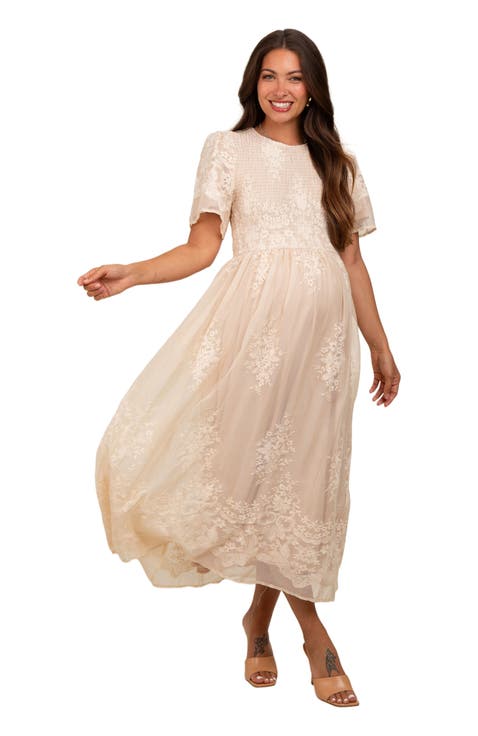 Embroidered Smocked Midi Dress