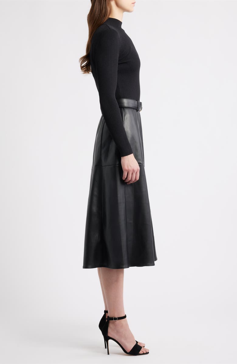 Elie Tahari The Miranda Long Sleeve Mixed Media Faux Leather Midi Dress, Alternate, color, Noir Black