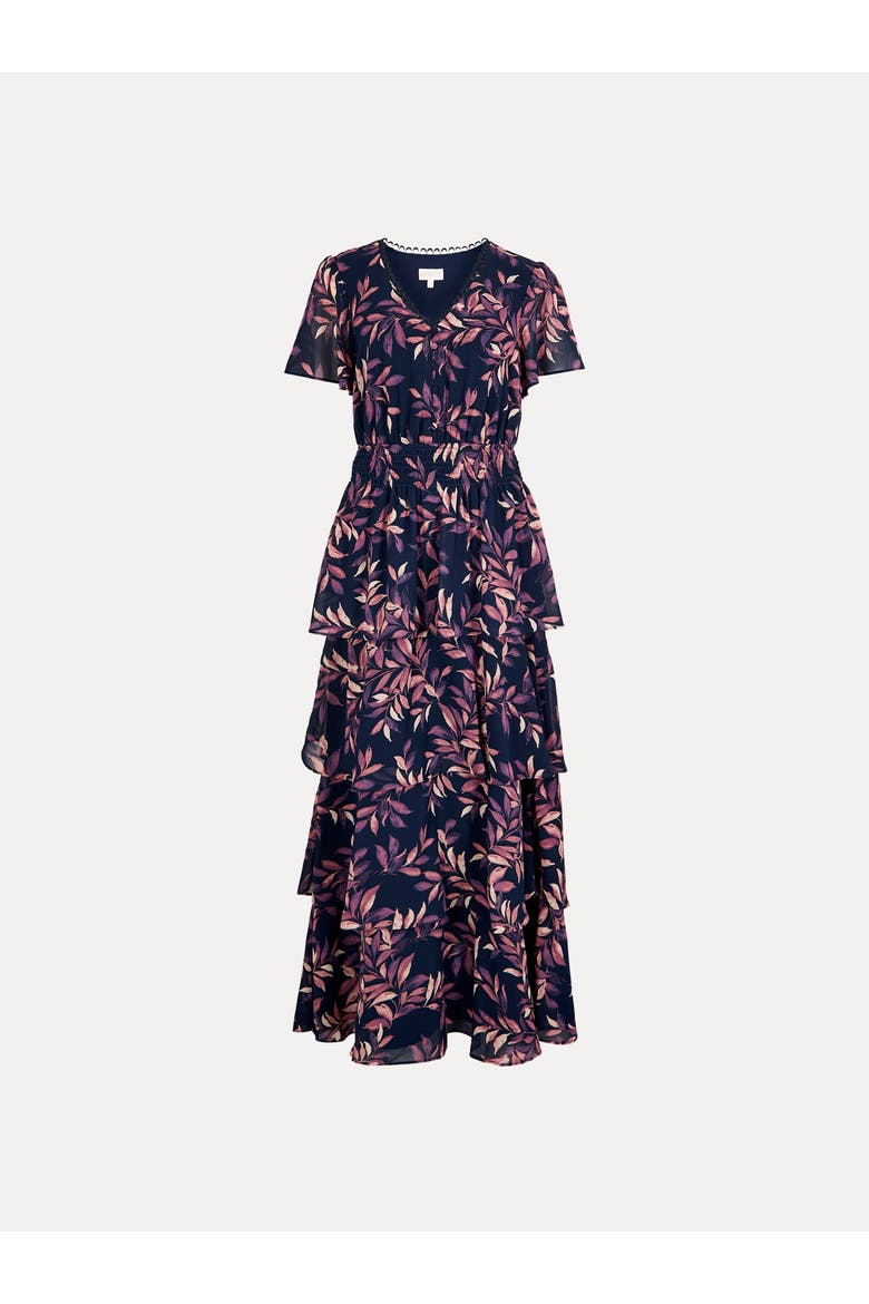 Tiered Leaf Print Dress, Alternate, color, Navy