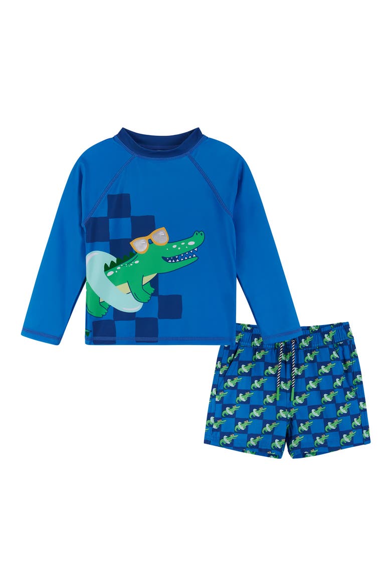 Long Sleeve Rashguard T-Shirt & Swim Shorts Set, Main, color, BLUE GATOR